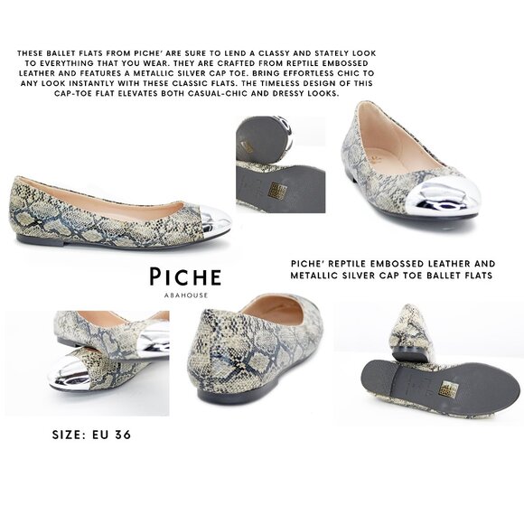 Piche’ Reptile Embossed Leather And Metallic Silver Cap Toe Ballet Flats - Picture 1 of 7